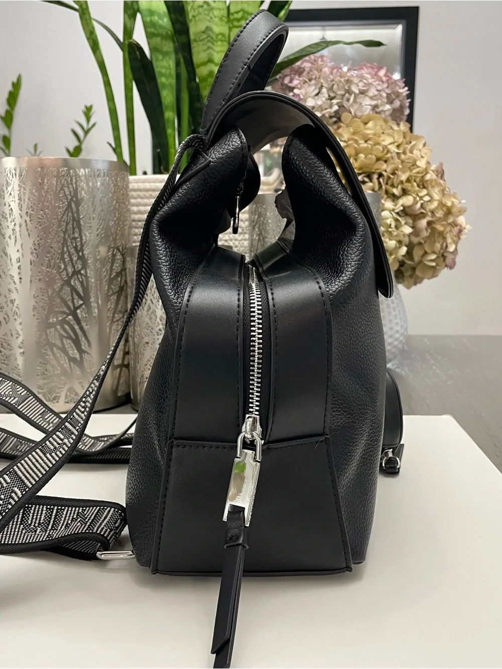 Calvin Klein Black Pebbled Leather Backpack with Detachable Coin Pouch